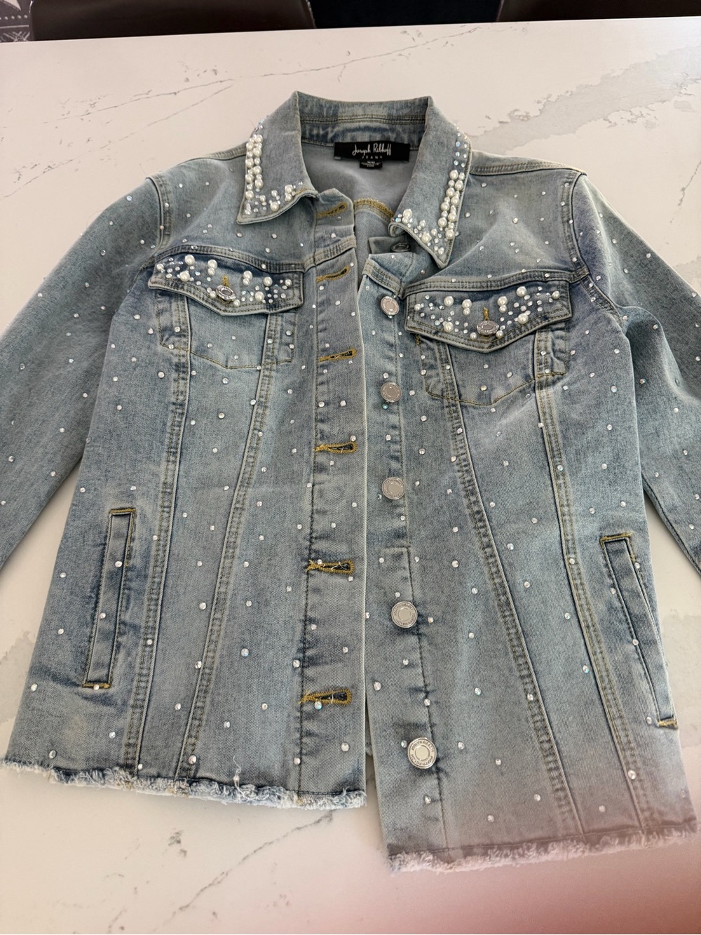 Joseph Ripkoff Light Wash Pearl-Embellished Denim Jacket